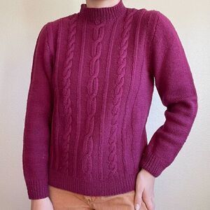 Hand Knit Maroon Red Cable 100% Wool Chunky Knit Mockneck Sweater Sz M